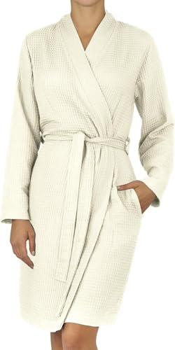 normani Damen Waffel-Bademantel aus 100% (Bambus)-Viskose - leichter Morgenmantel langer Kimono mit Waffeloptik - Sommerbademantel für Frauen Weiß XL-XXL
