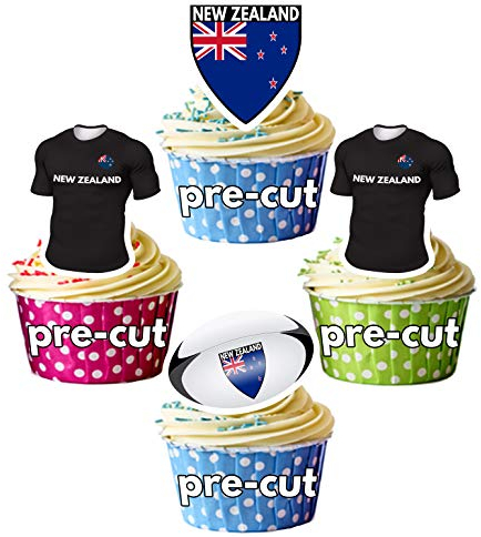 AK Giftshop PRECUT Rugby Shirt Ball Flag Team New Zealand - Edible Cupcake Toppers/Cake Decorations (Pack of 12)