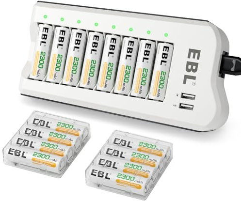 EBL 2300mAh Ni-MH AA Rechargeable Batteries (16 Pack) and Rechargeable AA AAA Battery Charger with 2 USB Charging Ports
