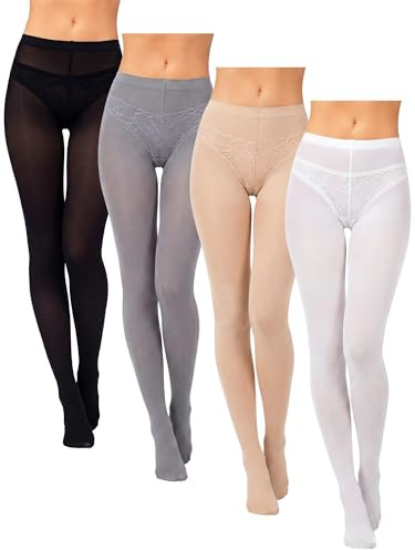 Geyoga 4 Pairs Womens 80D/100D Opaque Tights Soft Solid Color Footed Pantyhose High Waist Stocking(White, Skin Color, Black, Gray,Medium)