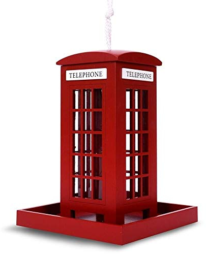 Unibos | Deluxe Hanging Wooden Bird Feeder | Red Telephone Box | Seeds, Nuts and Suet Balls | Great for Bird watching in Backyard and Garden