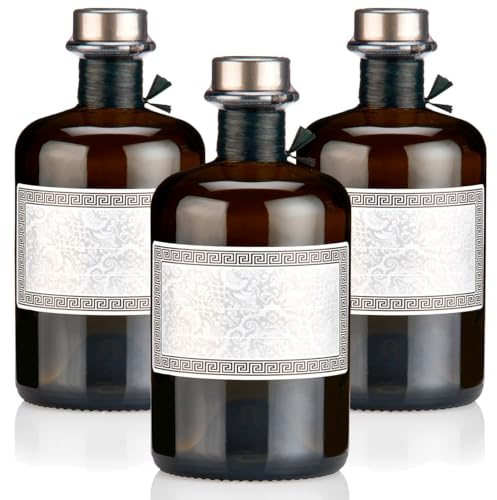 3x Apothekerflaschen braun 500ml Geschenkset mit Korken titansilber matt, Band, Kapseln & 3 Etiketten Motiv Antike, 0,5L leere Glasflaschen schwarz antik, Braunglas Flaschen für Öl, Gin uvm.