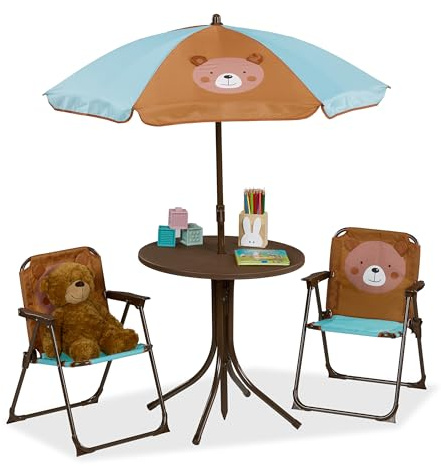 Relaxdays, Salon de Jardin, Enfant, Table, chaises, Parasol, pour Un Petit Fan d'ours, pour Plage ou Camping, Marron