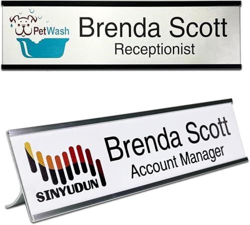 2 x 8 Personalized Aluminum Name Plates, Custom Office Desk or Wall Name Plates, Can Add Logo Image and Texts, Two Colors Silver, White, Holders are Optional (Custom Image+Text)