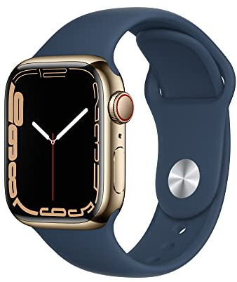 Apple Watch Series 7 [GPS + Cellular 41mm] Smart Watch w/ Gold Stainless Steel Case with Abyss Blue Sport Band (Renewed)