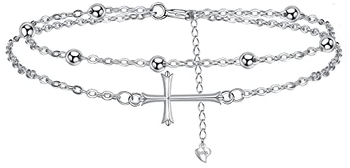 J.MUEN Cruz Pulsera Plata de Ley 925 para Mujer Pulseras Doble Cadena con Cuentas,Regalo para Hija/Esposa/Novia.