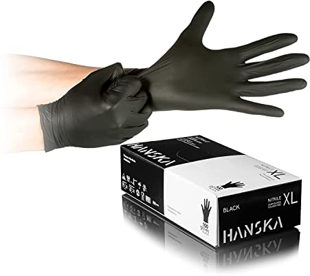 HANSKA Guantes desechables de nitrilo negros – Sin polvo – Desechar– Ambidextros – No estériles – Base de goma – Apto para ámbitos médicos, manipulación de alimentos (100, M)