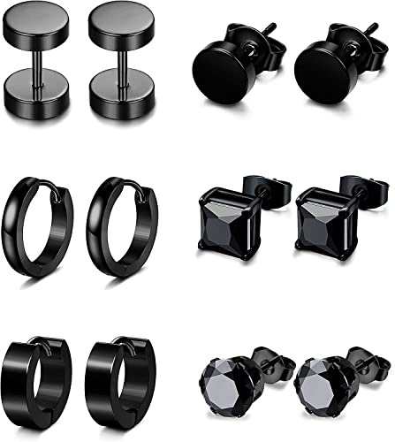 Diamday 6 par svarta örhängen i rostfritt stål för herr dam runda öronspikar piercing punk örhängen ring örhängen brosk helix piercing öra, 0.8mm (hoops), 1mm (studs), Kubisk zirkonia
