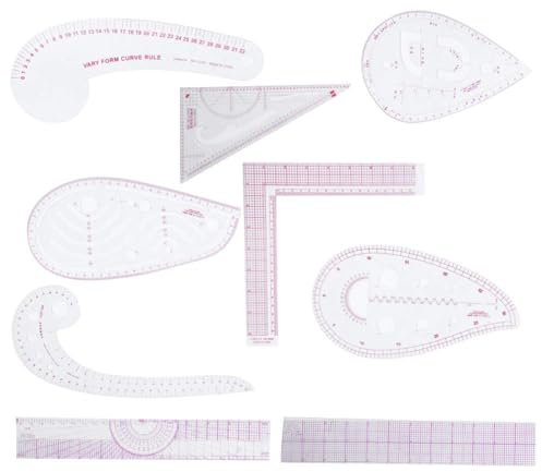 Set di Righelli da Cucito 9 Pezzi - Francese in Plastica, Metrico, Curvo - Strumento Disegno Trasparente per Cucire