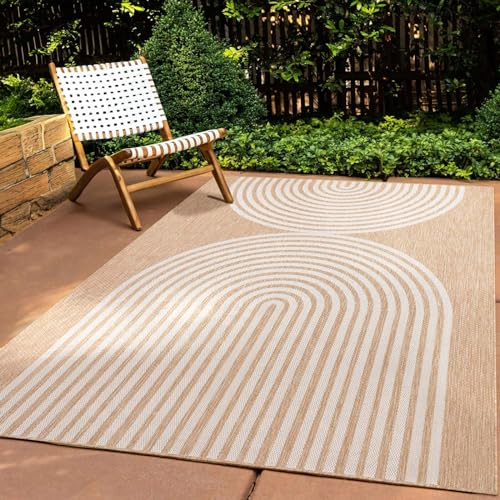 In & Outdoor Teppich Wetterfest Wohnzimmer Balkon Küchenteppich Terrassenteppich Flachgewebe Sisaloptik mit Muster Boho Kreise Natur beige 200x280 cm
