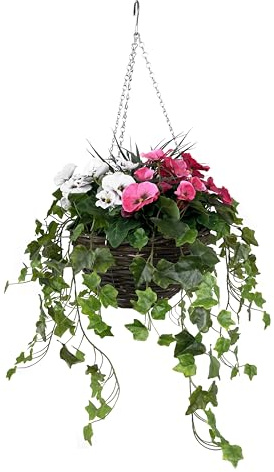 GreenBrokers Cesta Colgante Artificial con Pensamientos sintéticos Rosa y Blanco, 30 cm, Hiedra de Arrastre y Hierbas Decorativas (Anti-UV)