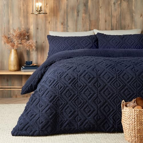Fusion - Copripiumino in pile Teddy blu navy - letto singolo (140 x 200 cm) - Design reversibile - Copripiumino jacquard blu scuro - Biancheria da letto trapuntata quadrata geometrica - pile morbido e