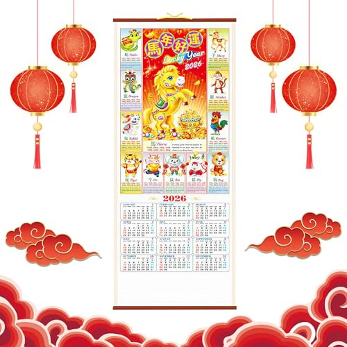 Calendario di Capodanno Cinese 2026 Anno di Cavallo Capodanno Calendario da Parete Cinesi 馬年好運 Calendar Scorrimento Calendario Lunare Cinese Calendar Mensile per Casa Ufficio Pianificazione