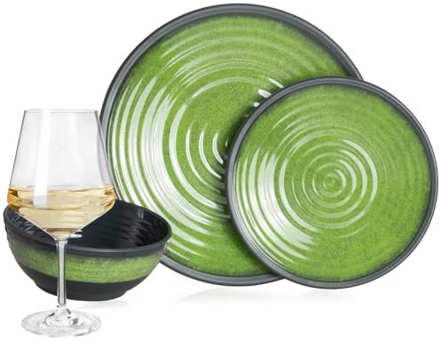 Vaisselle de camping en mélamine pour 4 personnes Vert pierre + 4 verres à vin Milano Blanc