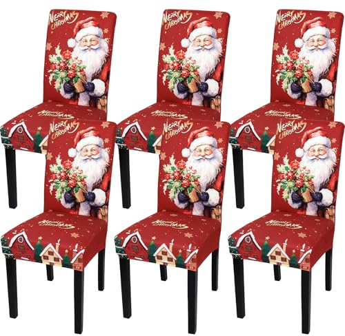 MEIVINES Christmas Dining Chair Covers Set Of 6 Xmas Stretch Dining Chair Slipcovers Removable Washable Christmas Chair Slipcovers High Back Dining Chair Slipcover For Living Room Kitchen (Red)