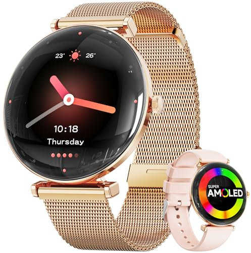 Smartwatch Damen, Konvexe Licht Dünn Smartwatch für Damen, 4,3 cm 1,43 Zoll AMOLED Touchscreen, Sportuhr mit Fitnessuhr, DIY Zifferblatt, Schlafüberwachung, Schrittzähler für Android iOS（Rose Gold）