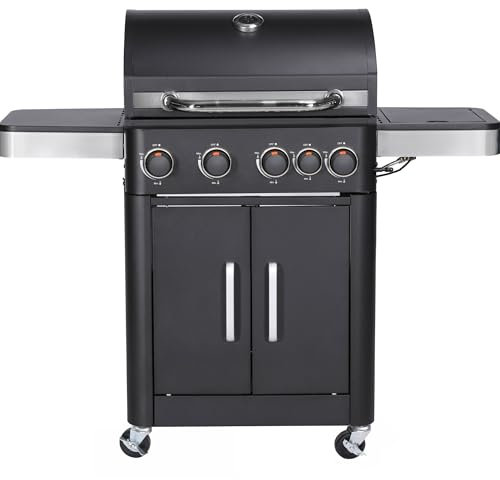 Woodland Grill 4 Burner Gas BBQ with Side Burner - Stainless Steel Barbecue Grill, Integrated Thermometer, Large Cooking Area with Storage. Black Finish. Propane Gas Regulator Included - OC01BQ41005