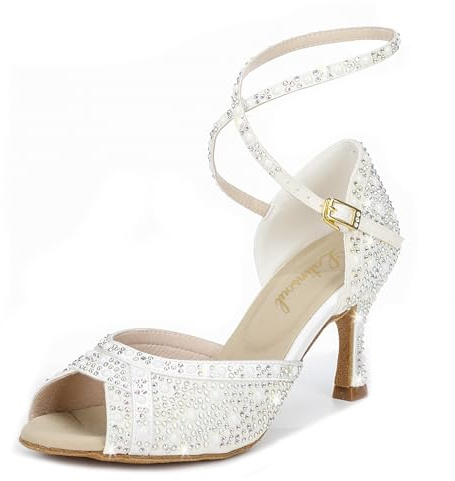 Latinsoul Y205-30 Women's Open-toe Latin Dance Shoes with Crystal Decoration High Heel Comfortable Ballroom Shoes for Dance Performance and Practice Elegant Dancing Shoes Colour Ivory,Size 8 B(M) US/39 EU