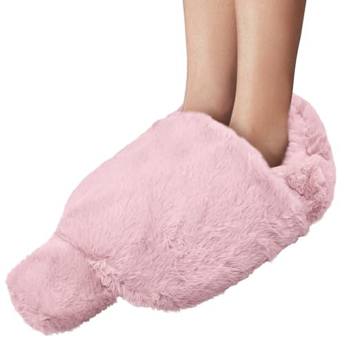 Reusable 2L Hot Water Bottle with Faux Rabbit Fur Foot Warmer Cover – Soft Plush Sleeve for Women Men, Relieves Cold Feet and Aches, Ideal for Winter, Bedtime, and Office Use (Pink)