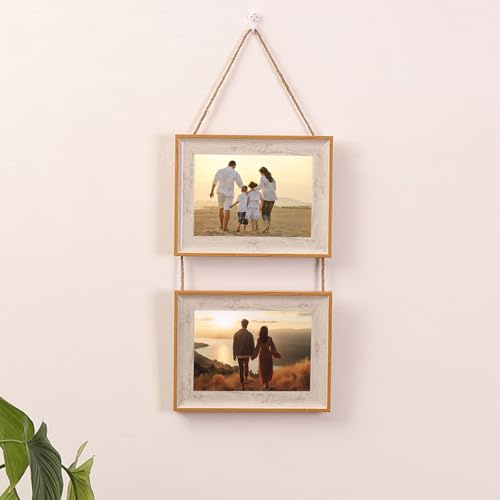 Fotoram, visningsbild 3 x 5 rektangulära ramar för väggdisplay 2 foto som hänger i väggen, horisontellt format, vitt trä