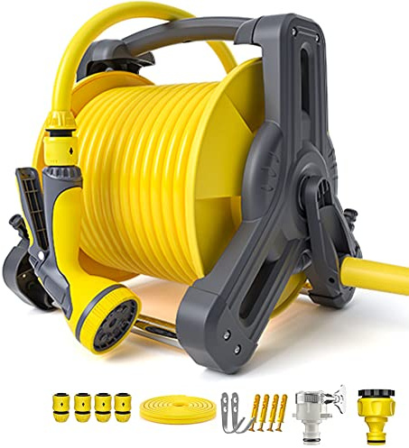 Serbatoio dell'Acqua, avvolgitubo da Giardino con ugello - Carrello portatubo da Giardino Indipendente o da Parete per irrigazione del Giardino e Lavaggio Auto