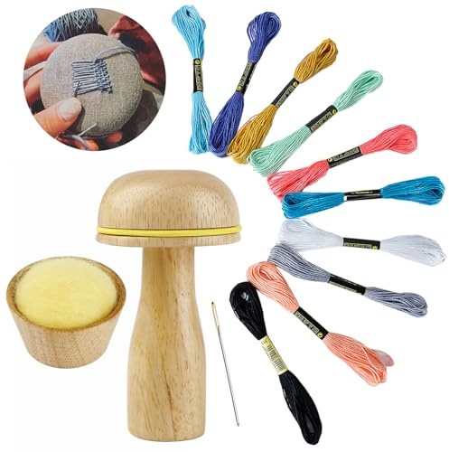 Darning Mushroom Supplies Kit With Needle, Colorful Sewing Thread And Wood Darning Tool