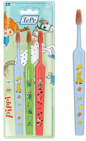 TePe Pippi Zahnbürste, Kids Extra Soft, 3 Stk., bunte Kinderzahnbürste, weiche Borsten für eine sanfte und gründliche Reinigung, in verschiedenen Farben (unssortiert) mit Pippi-Illustrationen