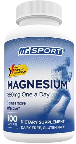 MGSPORT Magnesium Kapseln hochdosiert 100 Stk. - 380 mg elementares Magnesium pro Tagesdosis, Mit Vitamin Komplex aus B6, E und D, Eine Tablette vor dem Schlafen