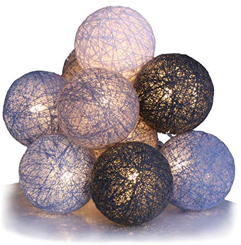 Qbis Cotton Ball Fairy Lights with Timer, Cool Grey - Battery Operated LED String