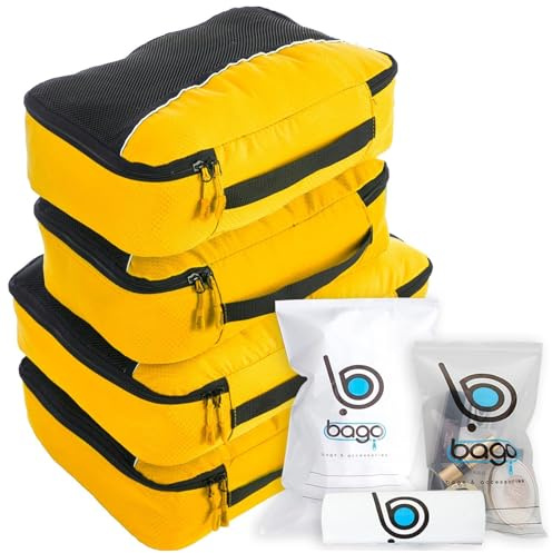 bago - Pack de 7 cubos de embalaje para viaje - 4 cubos de embalaje con 3 bolsas con cremallera - Cubos de viaje para obtener el máximo almacenamiento, ahorrar tiempo y esfuerzo en embalar -, Amarillo