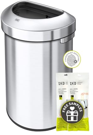 EKO Urban 60L Semi-Round Open Top Rubbish Bin – Stainless Steel Large Capacity Half-Round Commercial Waste Bin for Office, Kitchen, Indoor or Outdoor Use, Brushed Metal for Restaurant or Washroom