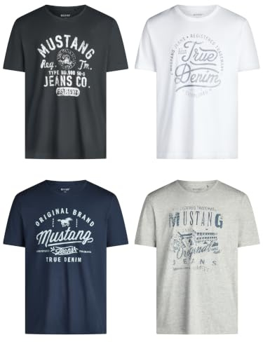 Mustang, Confezione da 4 Magliette da Uomo con Stampa Frontale e Scollo Rotondo, Colori Assortiti Blu e Nero Mix di Colori (P10). XXXL