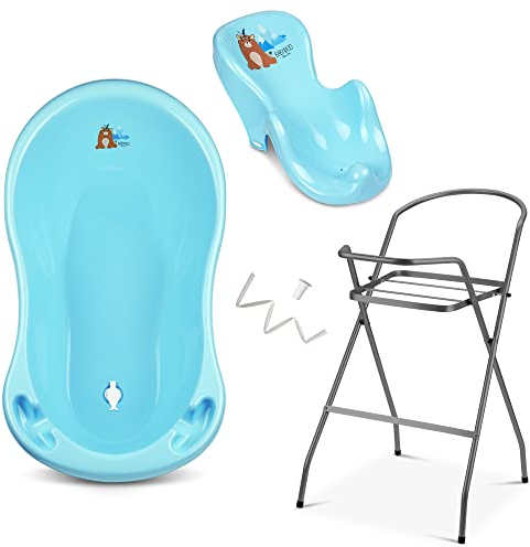 Baignoire Bébé Haute Complète Égouttage, Siège Amovible, Support Sécurité