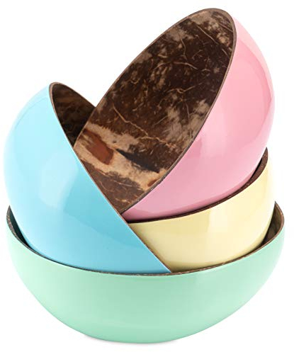 Decorasian Schalen aus echter Kokosnuss - Coconut Bowl - Kokosschale innen poliert, außen dekorativ lackiert - 4er Set gelb, blau, rosa, Mint