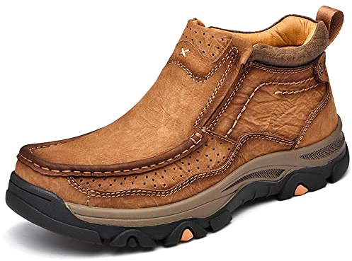 MOSTELO Mens Slip On Casual Loafers Classic Outdoor Leather Walking Hiking Shoes Comfortable for Work Office Dress Outdoor High Top Brown