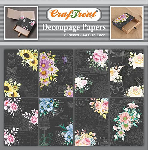 CrafTreat Återanvändbart blomsterdecoupagepapper för möbler – mörka blommor – storlek: A4 (20,3 x 30,5 cm) 8 st – blommig decoupage pappershantverk dekorativt papper för decoupage – decoupage