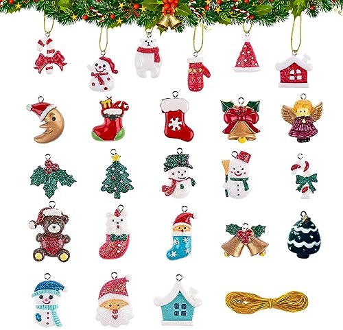 TANCUDER 24 Pièces Ornements Miniatures de Noël en Résine - Figurines Décoratives avec Cordes de 5m pour Sapin de Noël