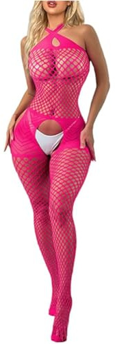 V-Ting tenue sexy femme,Femmes Bas de Lingerie Bodystocking Fishnet Bodys Sexy Nuisettes collant ouverte Corss Pink