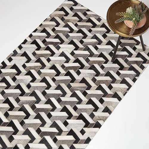 Homescapes Patchwork-Teppich geometrisch 90x150 cm, Lederteppich Quader-Muster, Fellteppich Creme-grau-schwarz aus Ziegenfell