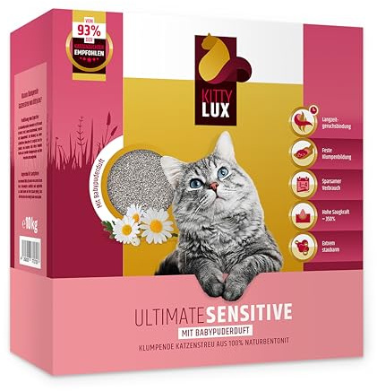 KittyLux klumpende Katzenstreu Ultimate Sensitive 2x10kg mit Babypuderduft für Sensible Katzen, Klumpstreu 100% Naturbentonit, Feste Klumpenbildung, schnelle Geruchsbildung, geringer Verbrauch