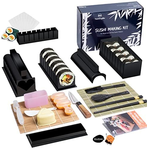 TantivyBo Sushi Making Kit 22 Pcs, Sushi Rolling Mat Kit for Beginners with 2 Sushi Mats, Chopsticks, Onigiri Mould, Rice Ball Maker, Musubi Press Mold, Temaki Roller, Nigiri Mould (Black)