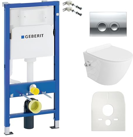 Duofix Basic Élément de paroi de base pour WC saut périlleux, blanc, sans bord de chasse + panneau de commande Delta 25 | Bouton chromé | Kit complet | Évier encastré | Kit complet WC