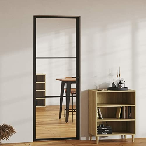Puerta interior de vidrio templado, diseño moderno minimalista 76 x 201,5 cm con marco de aluminio negro para división de espacios en hogar o oficina