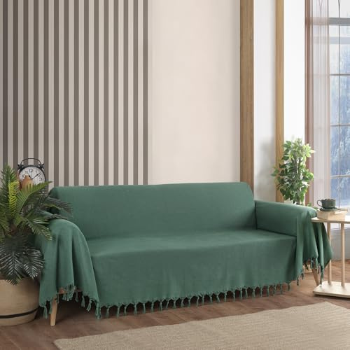 Milam London Sofa Throws Large 3 Seater, Extra Large Throws For Settees | 180 x 300 cm Green, Sofa Cover 3 Seater, Throws For Sofas Large Blanket with a Herringbone Pattern and Tasselled Edges