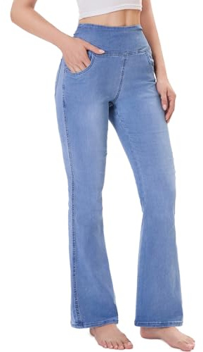 Chasehot Vaqueros Elásticos Mujer, Jeans Campana Push Up Cintura Alta con Bolsillos Flare Pantalones de Mezclilla Legging Jeggins Holgados, Azul Claro-XL-31