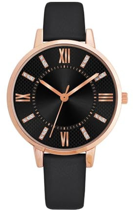 NUOVO Elegante Damenuhr mit schwarzem Lederarmband, Zifferblatt mit Diamanten und Rosegold-Akzenten