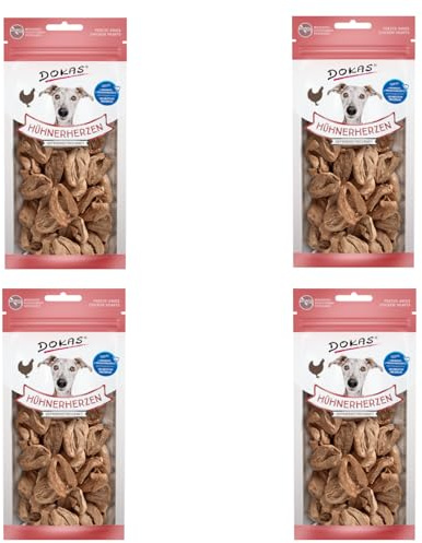 Dokas cœurs de Poulet lyophilisés | Pack de 4 | 4 x 22 g | Aliment complémentaire pour Chiens | Peut stimuler l'instinct Naturel de Mastication et compléter l'alimentation Quotidienne
