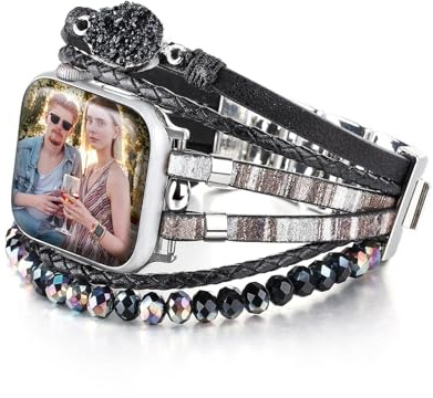 CHARMINGO Bohemiskt läderarmband, kompatibelt med Apple Watch-armband för män och kvinnor, 40 mm, 38 mm, 41 mm, 44 mm, 45 mm, 46 mm, 42 mm, 49 mm, serie 9, 8, 7 SE 6 5 4, fint handgjort
