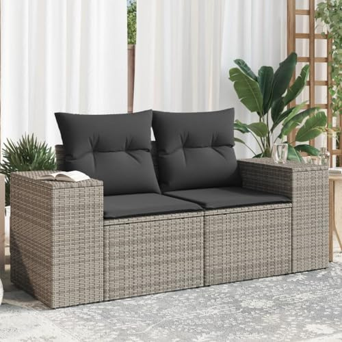 IKAYAA Sofá Jardín 2 Plazas de Ratán con Anchos Reposabrazos, Sofas Terraza, Sofá de Exterior 2 Plazas, Muebles de Terraza con Cojines Acolchados, Sofá para Jardín Patio Terraza Gris