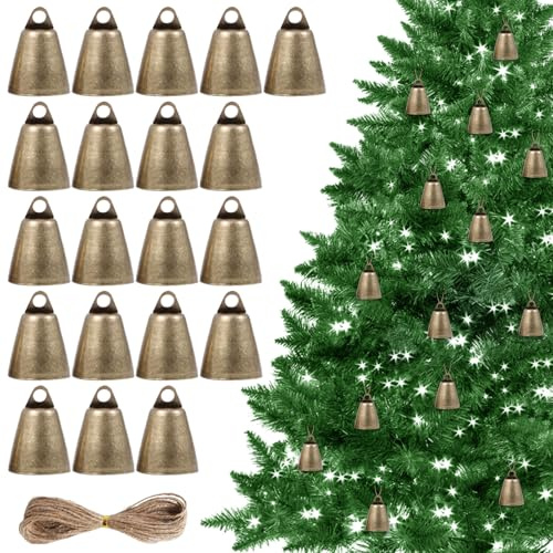 GmeDhc Campanelli per fai da te, 20 pezzi campanelli conici in ottone con 10 m di spago di iuta, campana per fai da te, decorazioni per campane natalizie per fai da te, giochi di vento, dressage